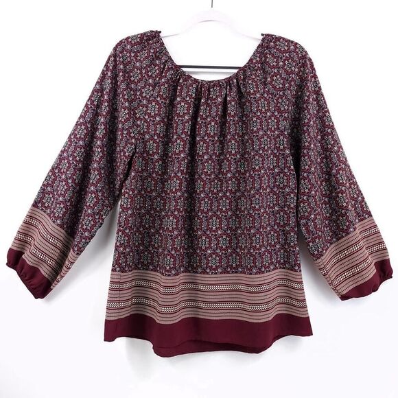 Bobeau Burgundy Tan Boat Neck Peasant Top M - Picture 2 of 8